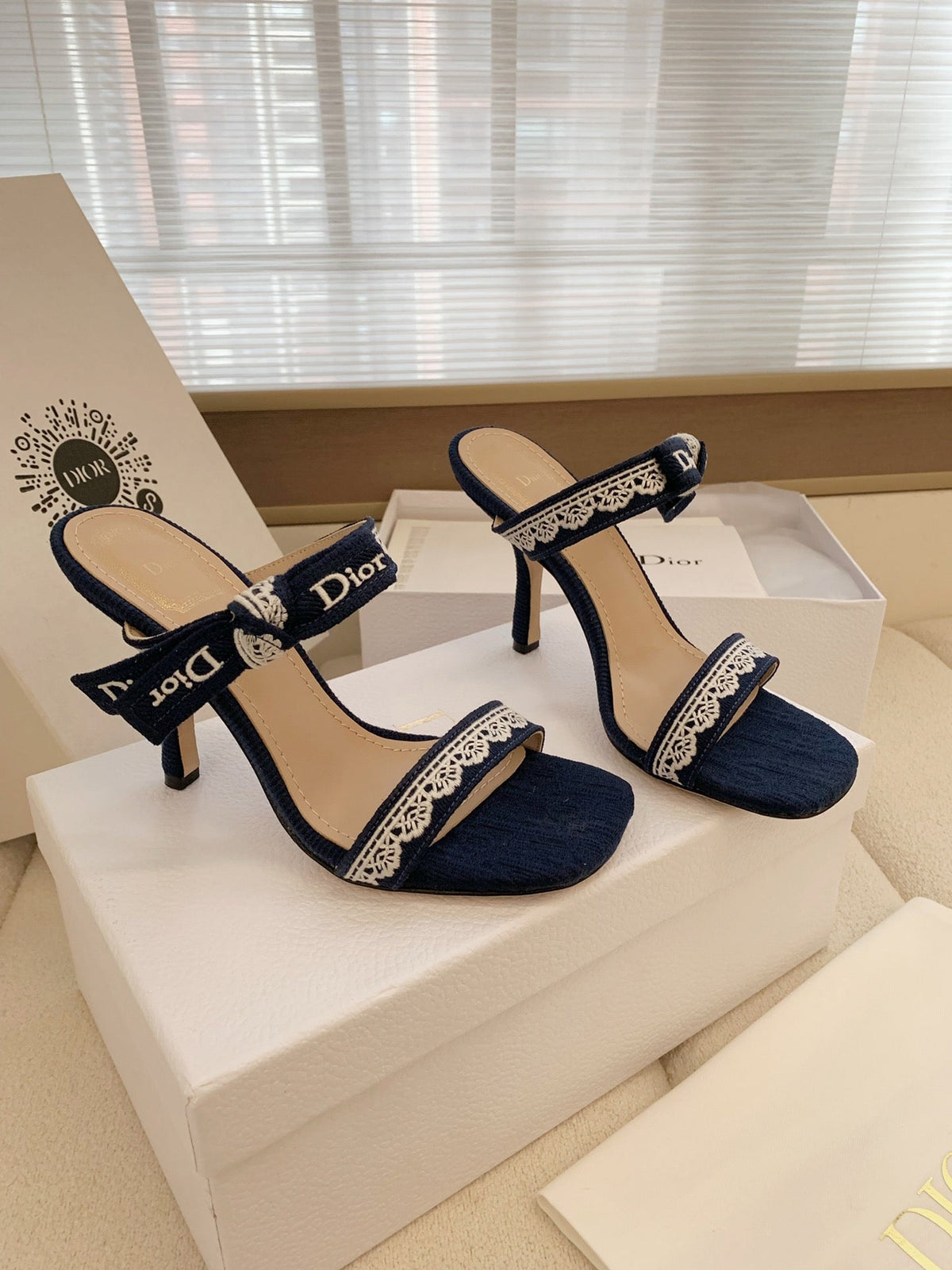 CD 26s High Heel Sandal 100 Navy Blue Canvas Sheepskin 664177