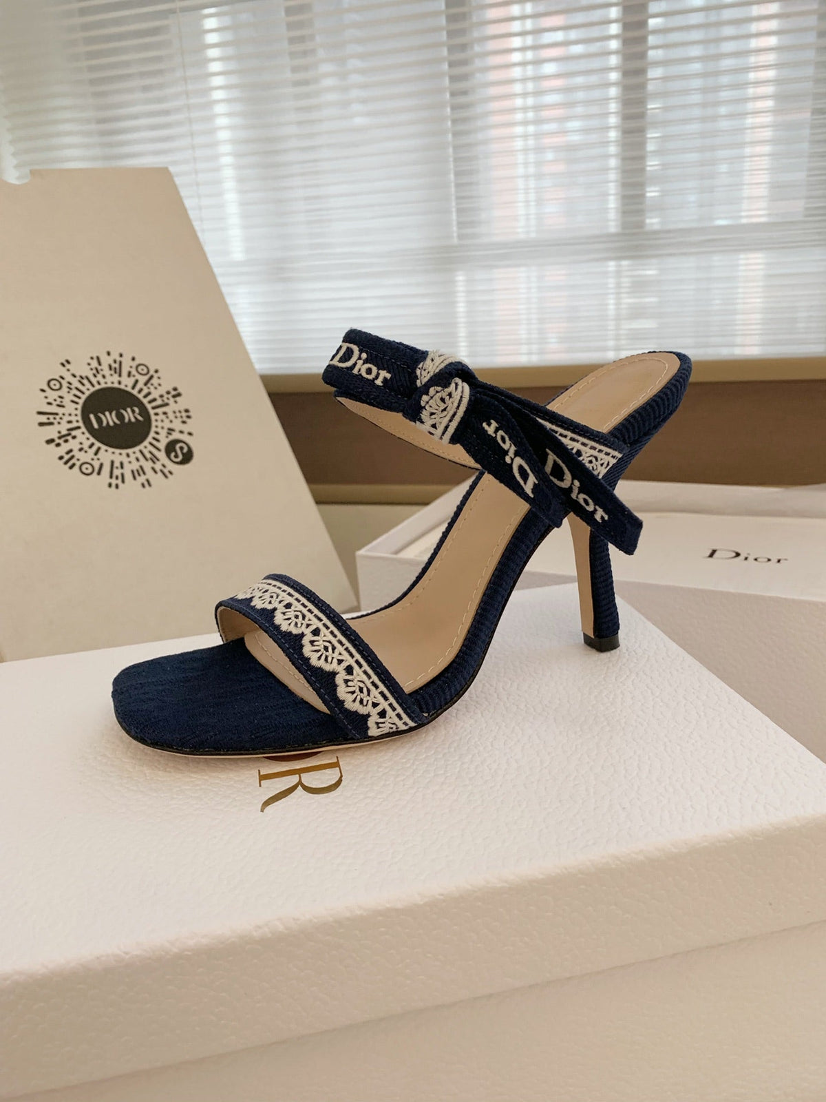 CD 26s High Heel Sandal 100 Navy Blue Canvas Sheepskin 664177