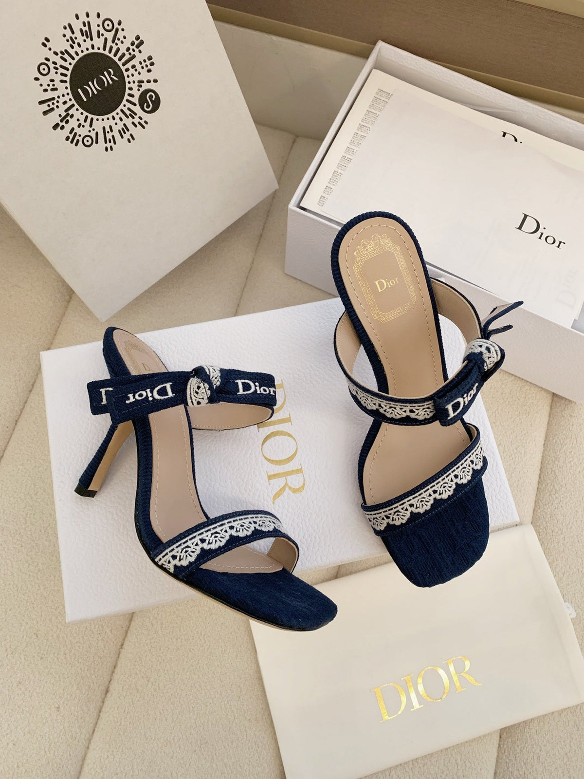 CD 26s High Heel Sandal 100 Navy Blue Canvas Sheepskin 664177