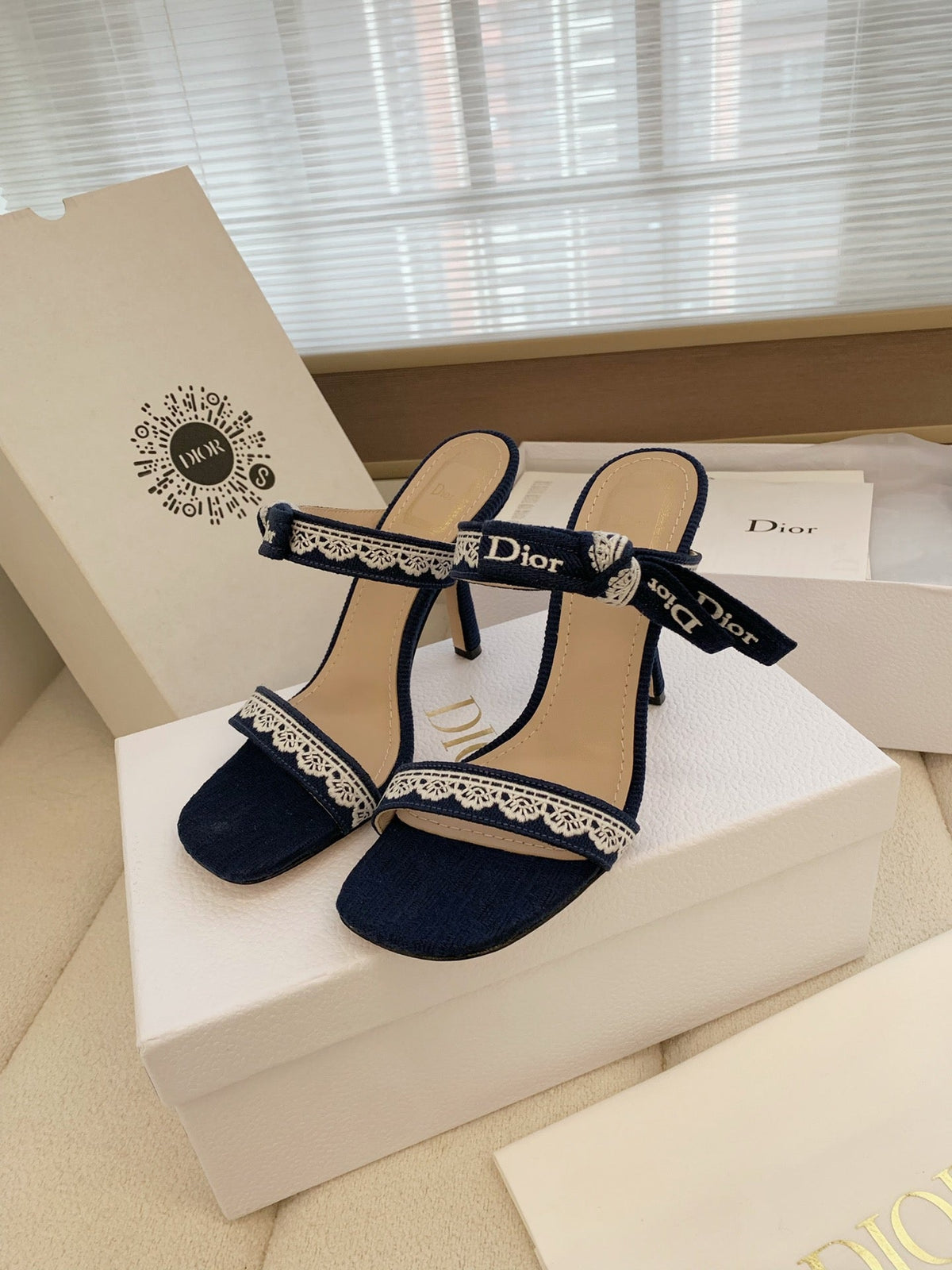 CD 26s High Heel Sandal 100 Navy Blue Canvas Sheepskin 664177