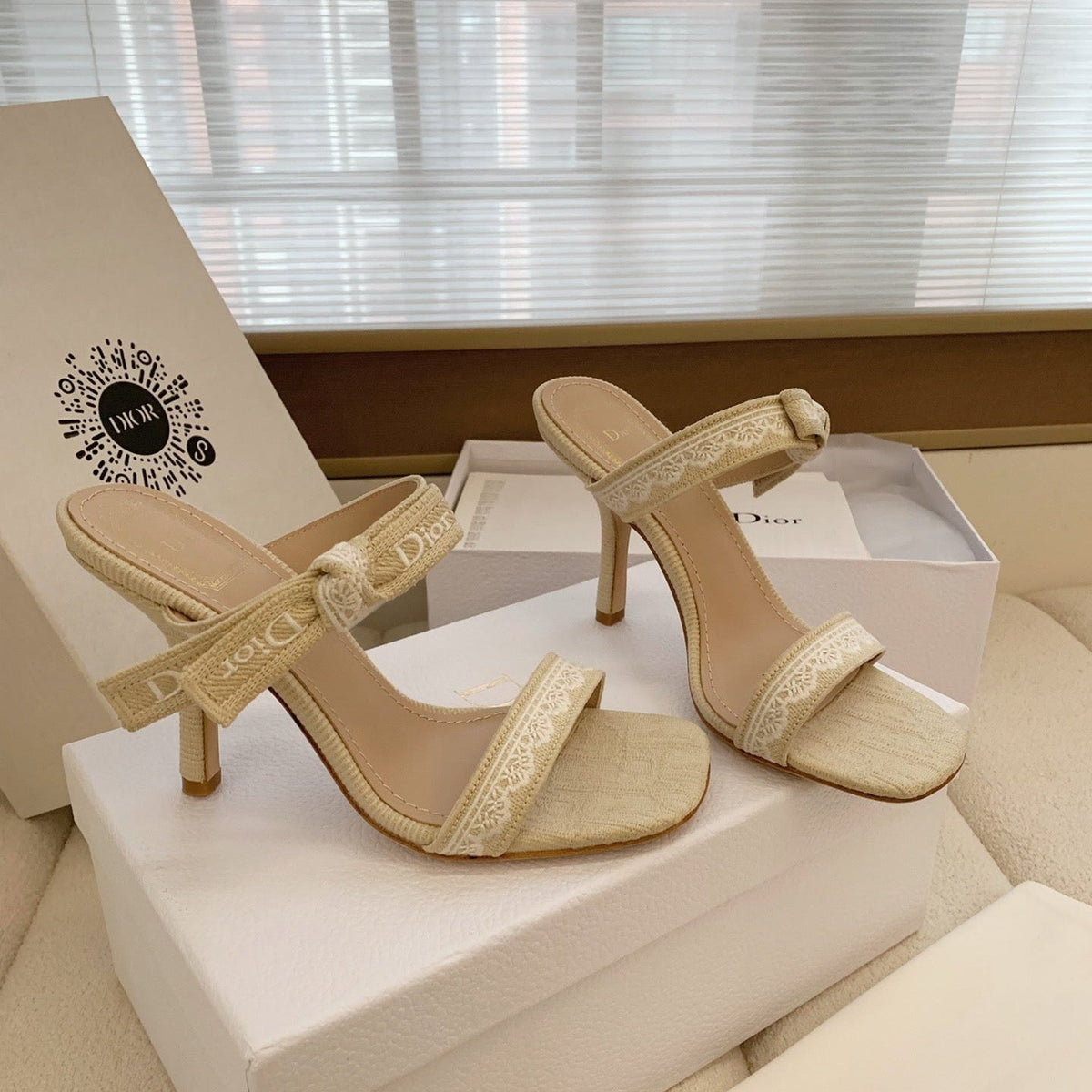 CD 26s High Heel Sandal 100 Beige Canvas Sheepskin 664179