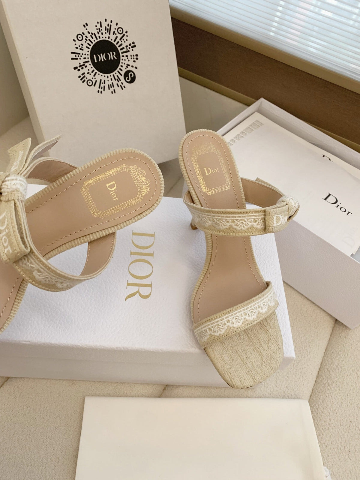 CD 26s High Heel Sandal 100 Beige Canvas Sheepskin 664179