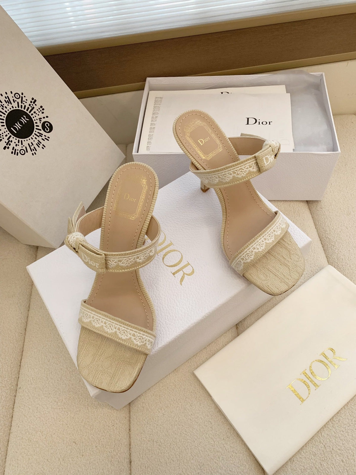 CD 26s High Heel Sandal 100 Beige Canvas Sheepskin 664179