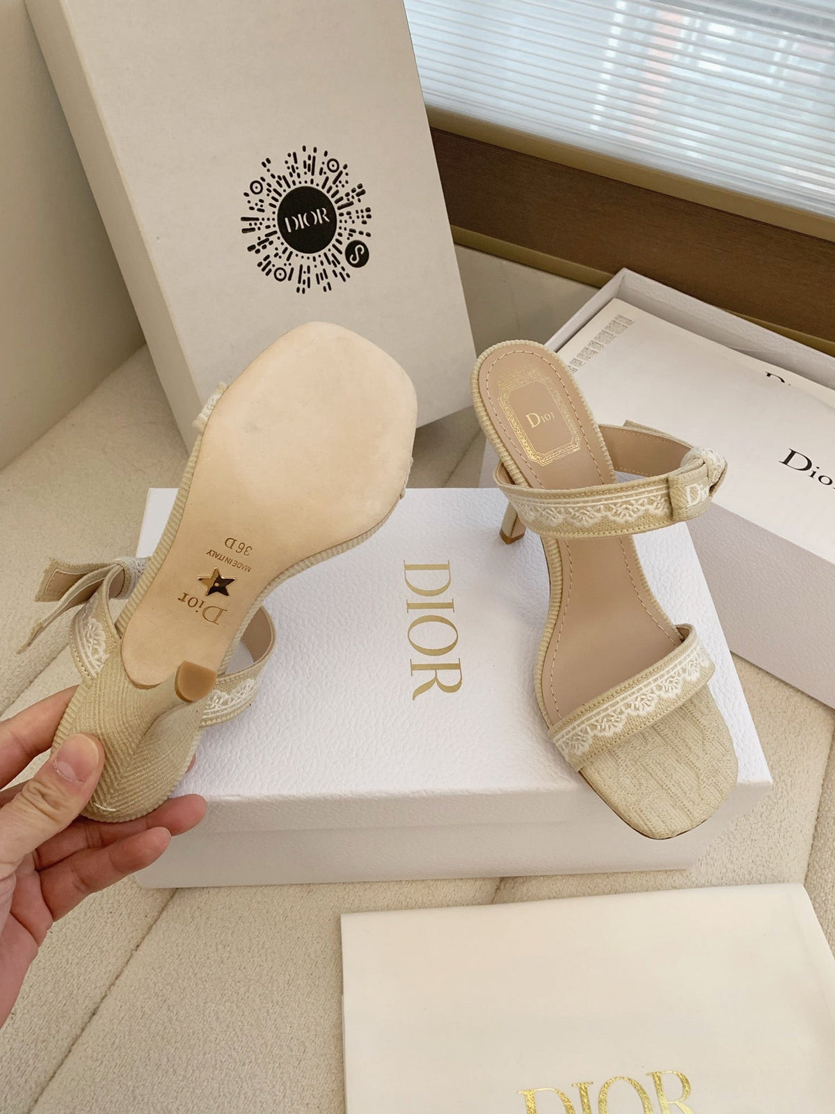 CD 26s High Heel Sandal 100 Beige Canvas Sheepskin 664179