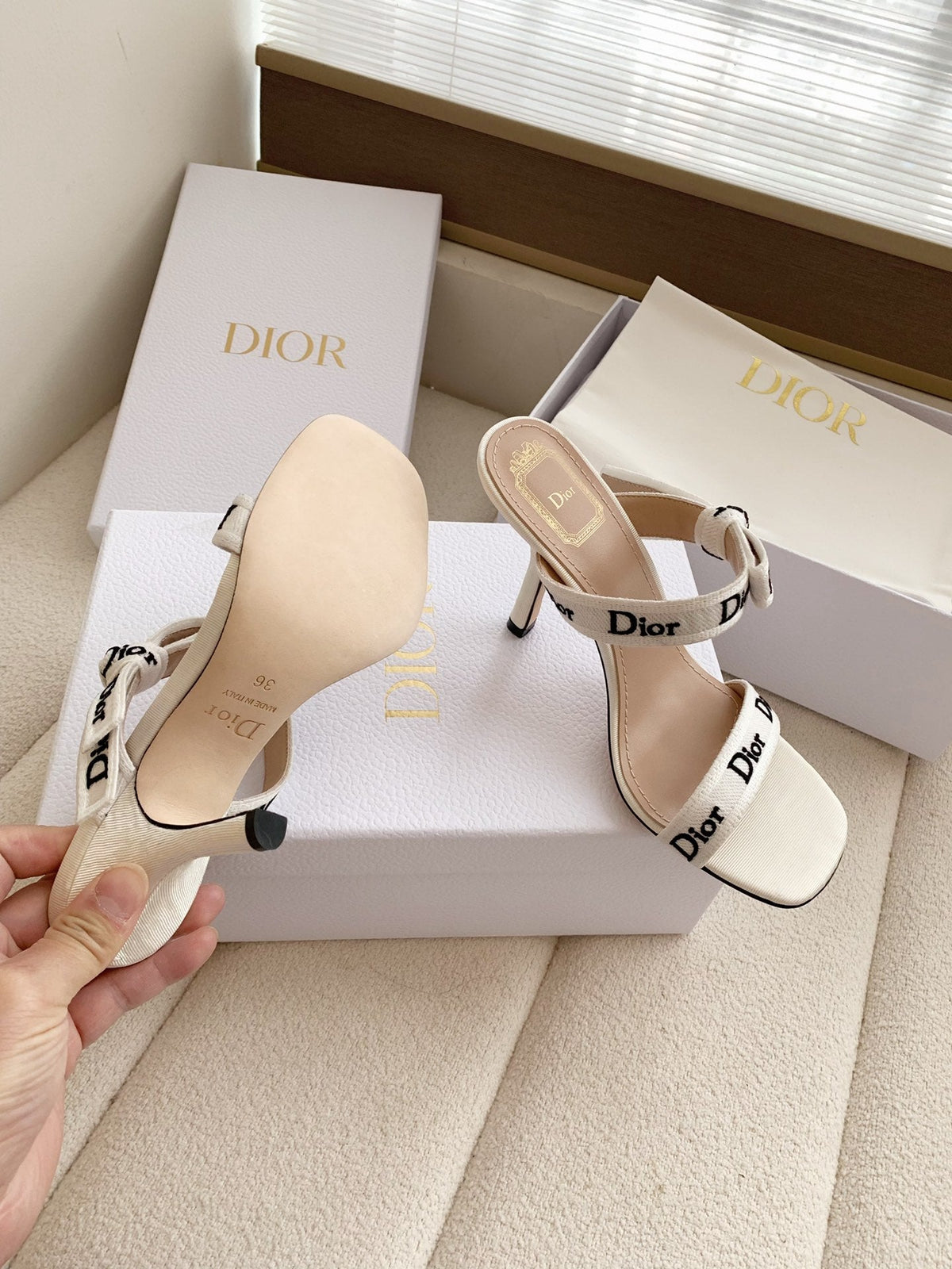 CD 26s High Heel Sandal 100 White Canvas Sheepskin 664181