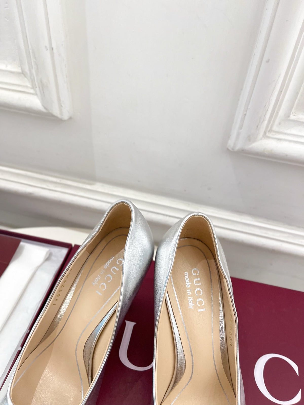 GG 26 High-Heeled 85 Pumps Sliver Metallic Cowhide 587079