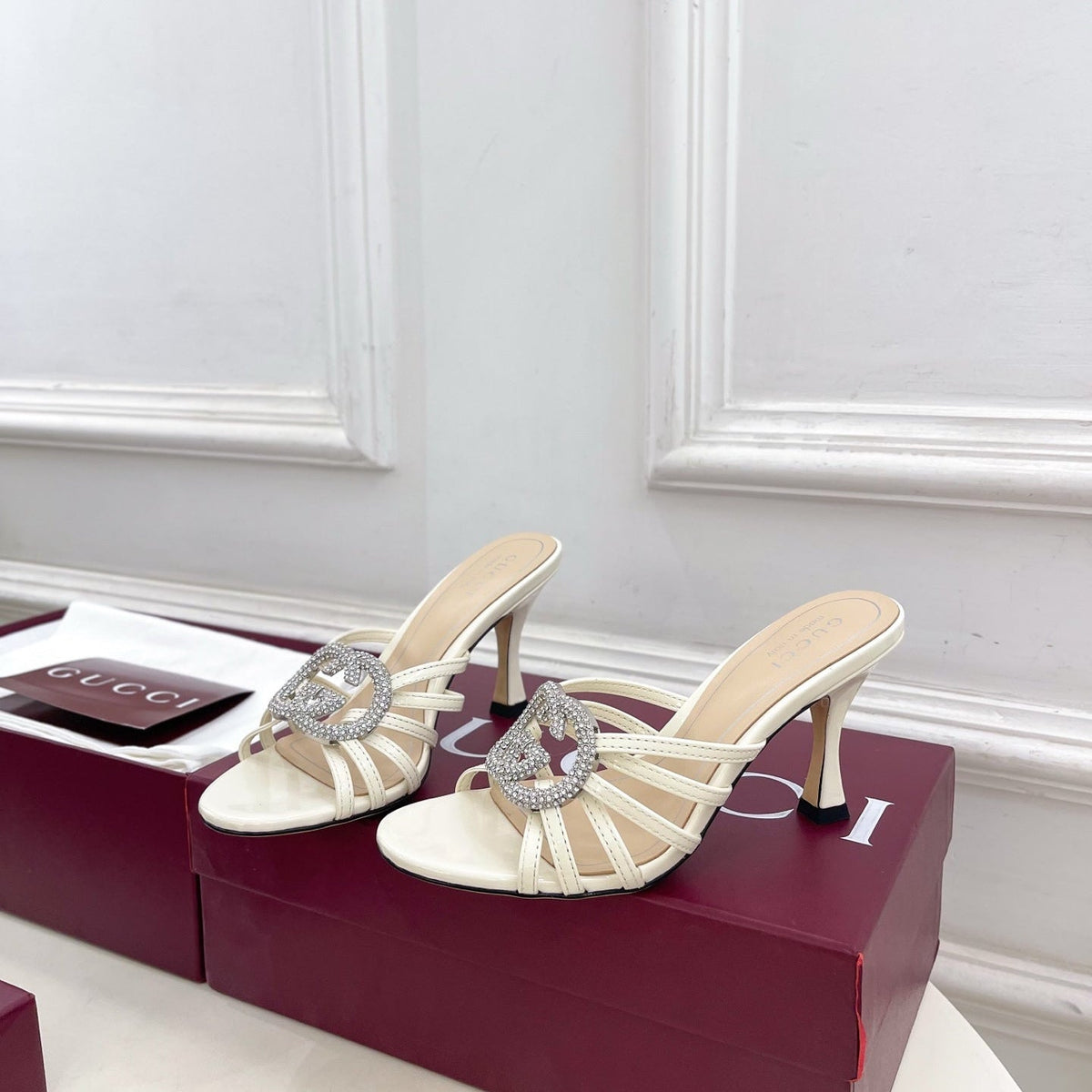 GG 26 High-Heeled Mules 85 White Beige Leather 587084