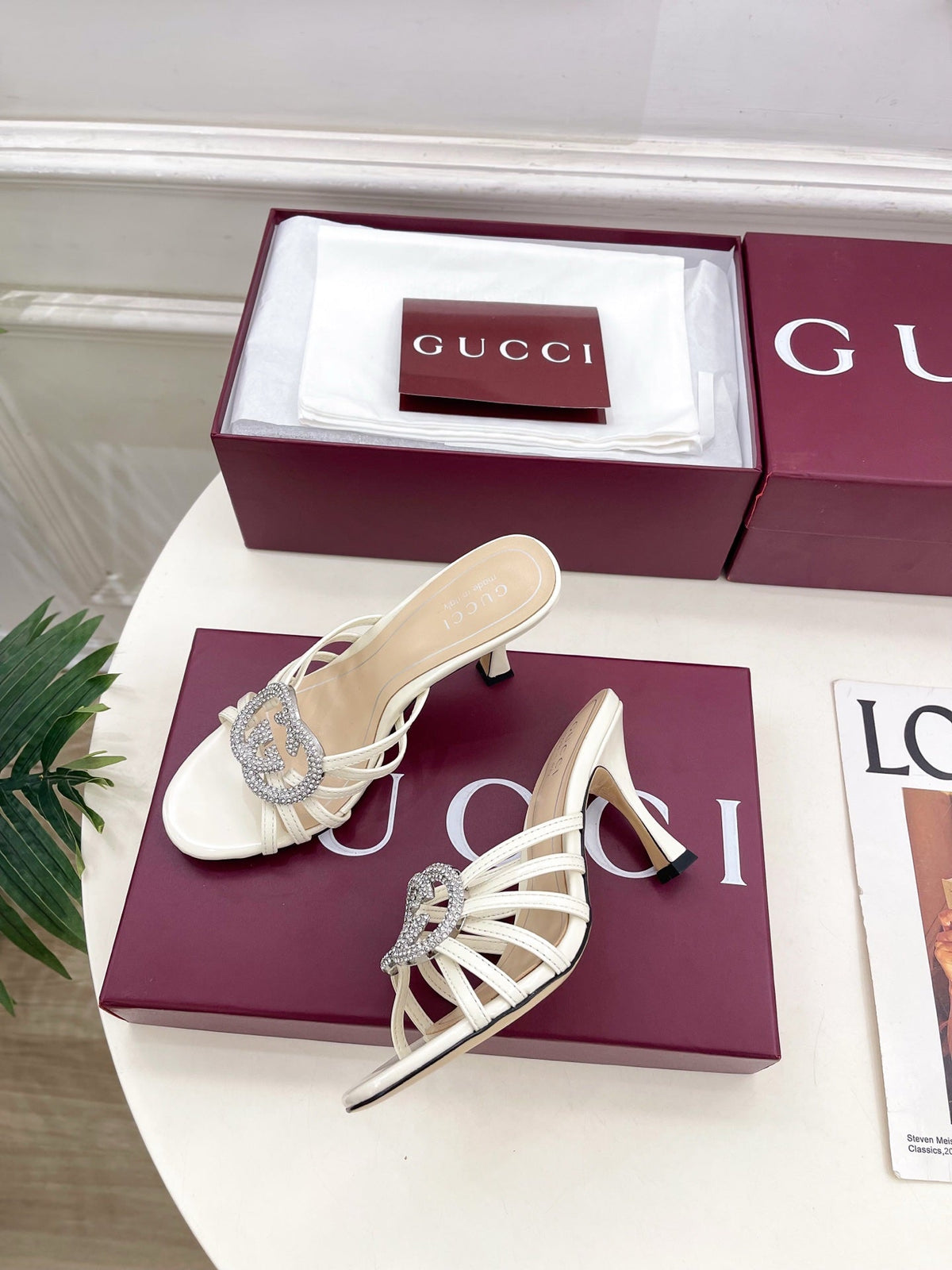 GG 26 High-Heeled Mules 85 White Beige Leather 587084