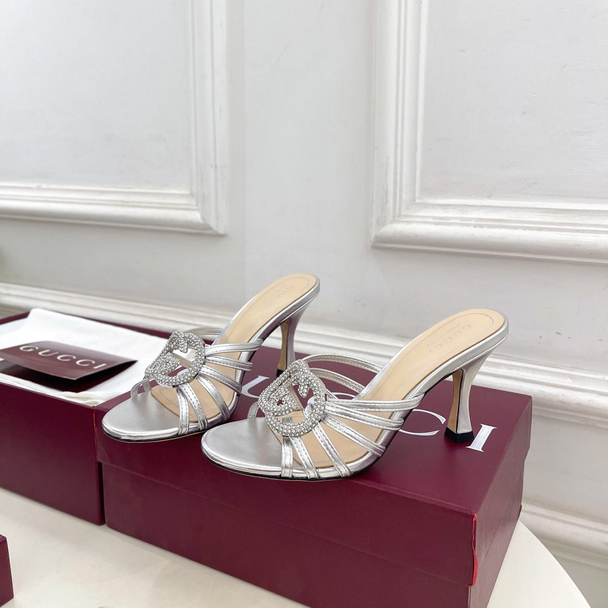 GG 26 High-Heeled Mules 85 Sliver Metallic Leather 587088