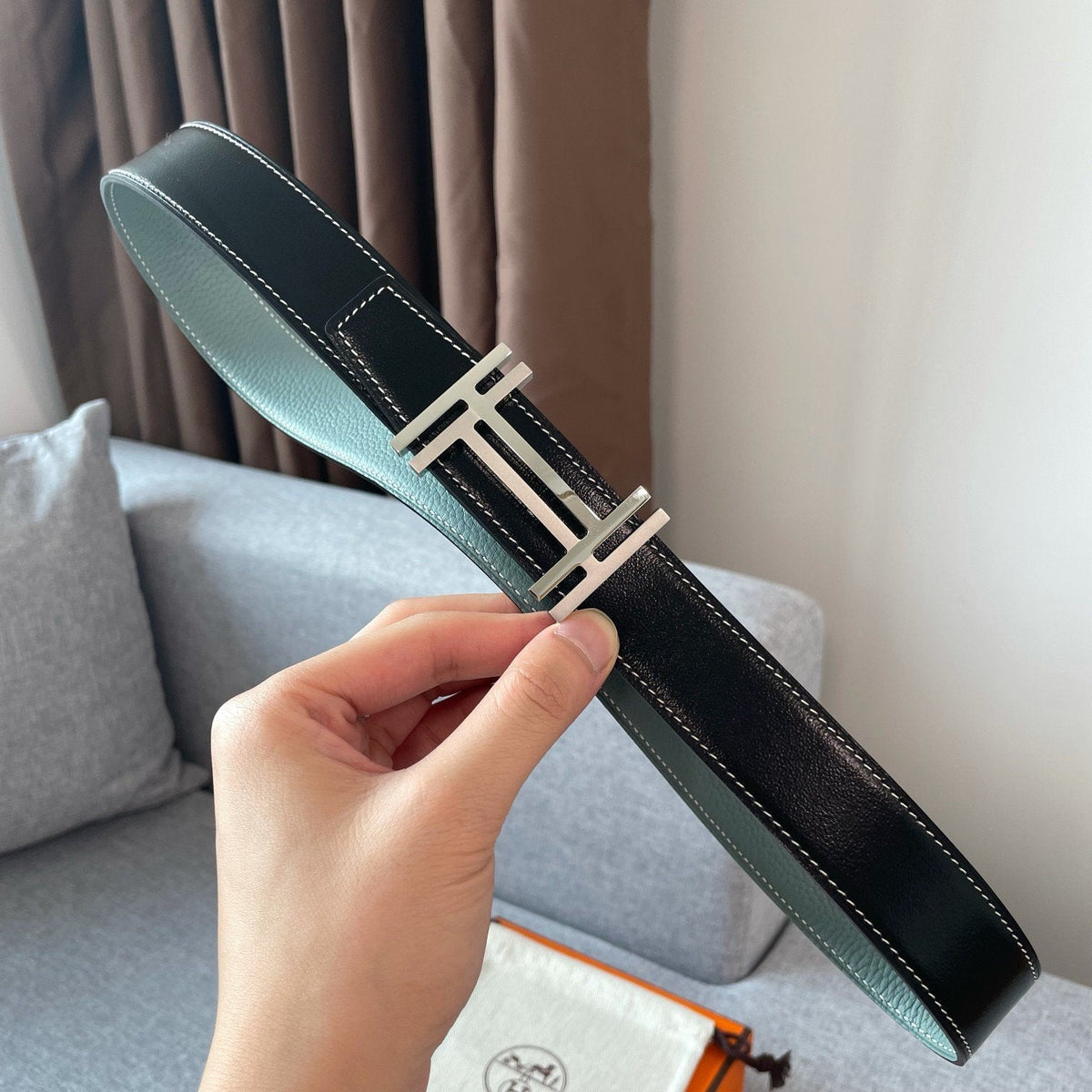 DOUBLE H REVERSIBLE BELT 32MM SILVER BUCKLE BLACK SKY BLUE LEATHER
