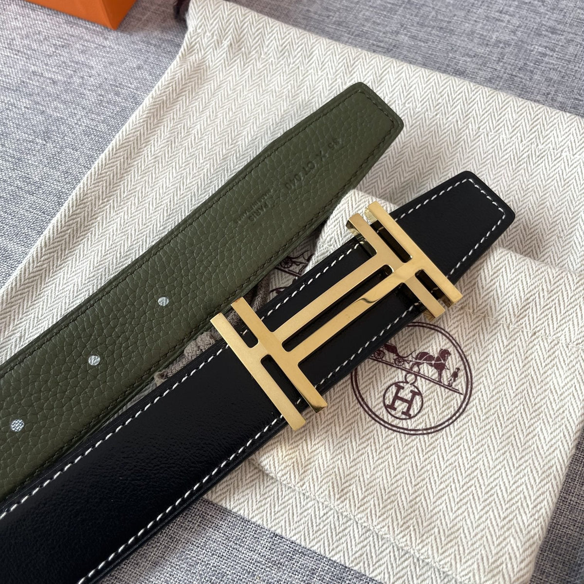 DOUBLE H REVERSIBLE BELT 32MM GOLD BUCKLE BLACK DARK GREEN LEATHER