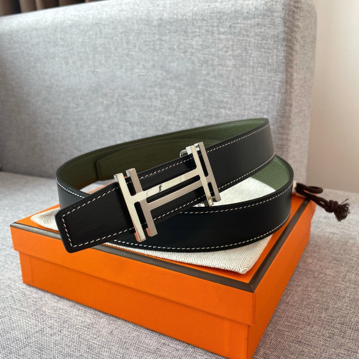 DOUBLE H REVERSIBLE BELT 32MM SILVER BUCKLE BLACK DARK GREEN LEATHER