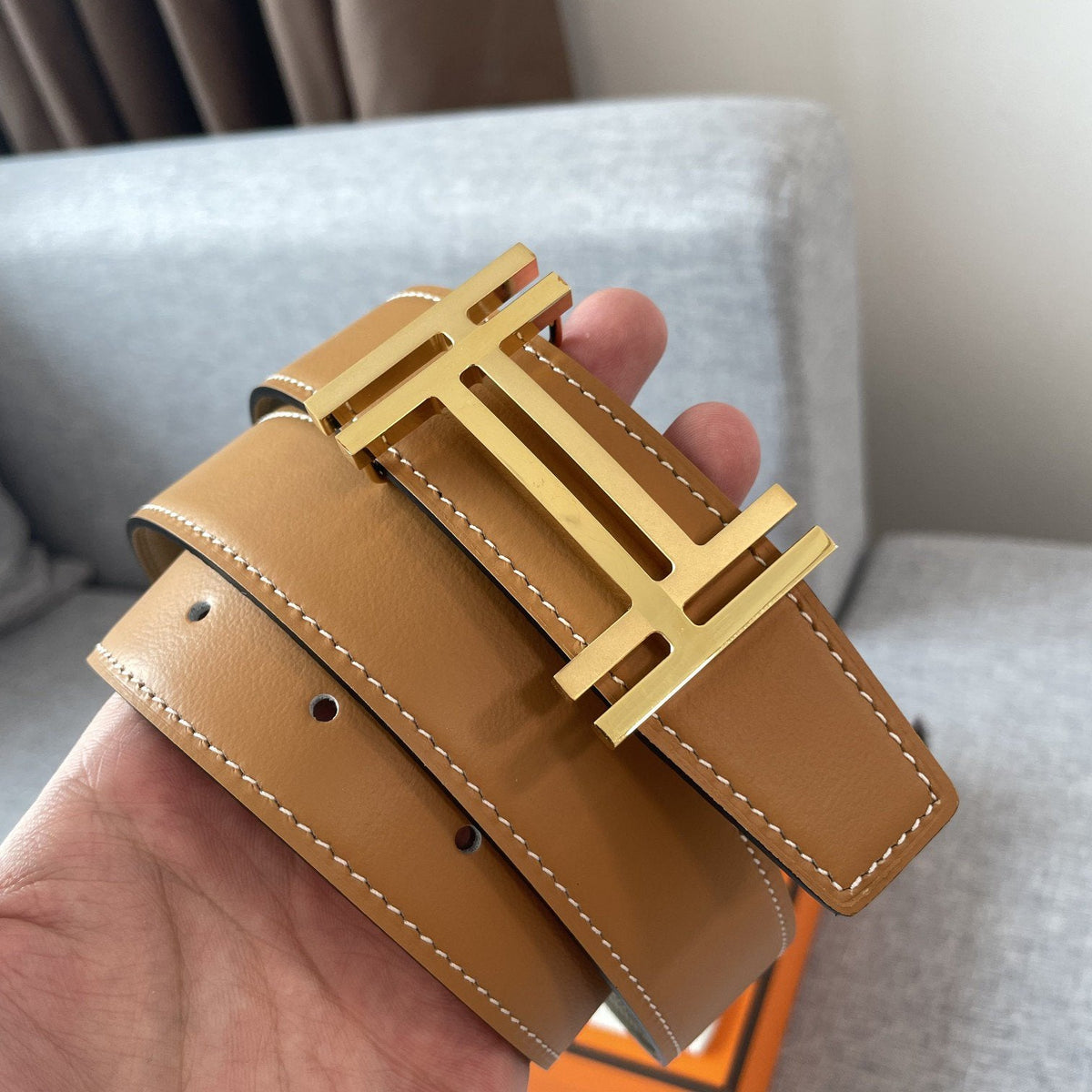 DOUBLE H REVERSIBLE BELT 32MM GOLD BUCKLE TIN GREY GOLD LEATHER