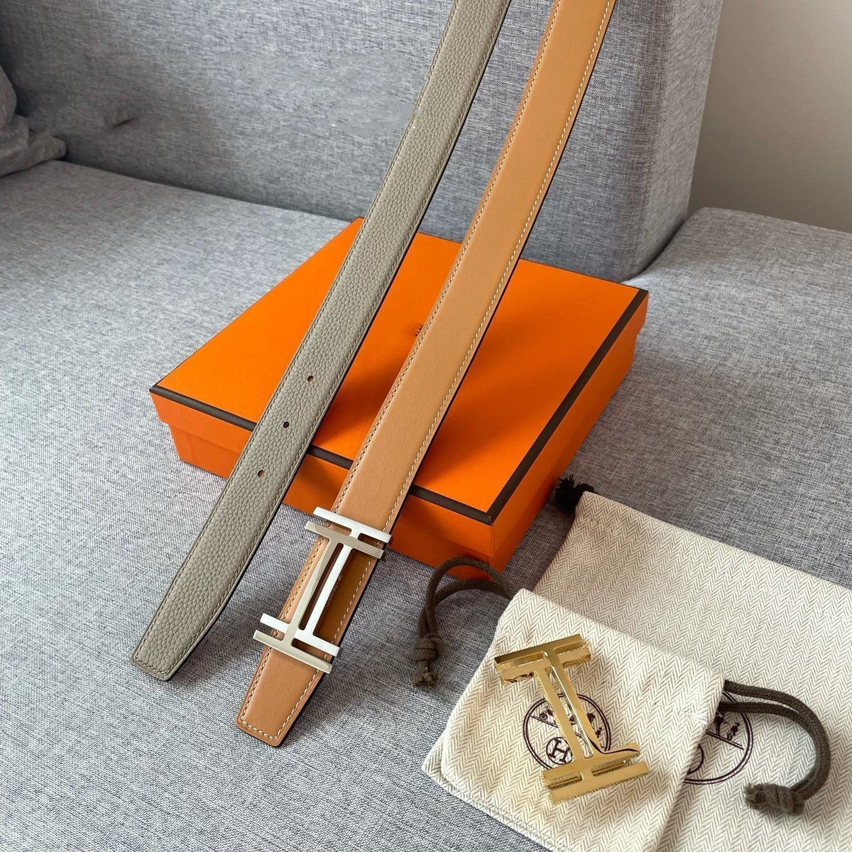 DOUBLE H REVERSIBLE BELT 32MM SILVER BUCKLE GOLD TIN GREY LEATHER