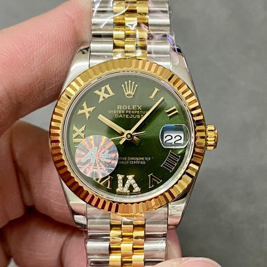 DATEJUST 31MM GOLD STEEL DIAMOND NUMERALS GREEN DIAL