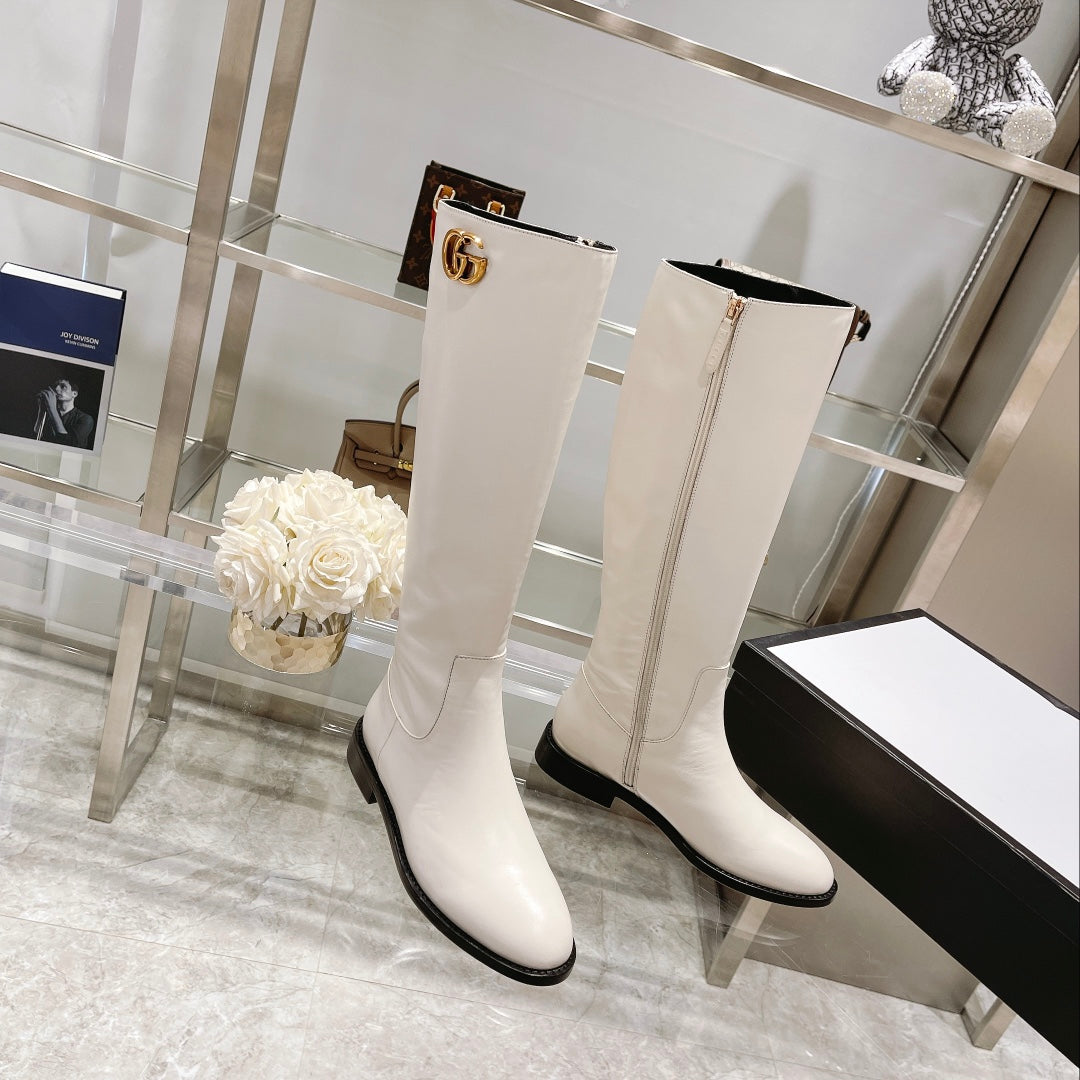 GG CLASSIC KNEE HIGH BOOTS IN WHITE IMPORTED CALFSKIN