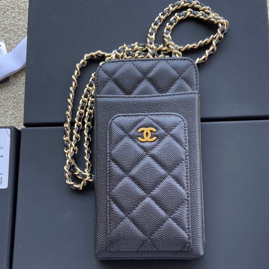 Chanel 2026 Phone Holder Crossbody Bag Black Caviar Leather