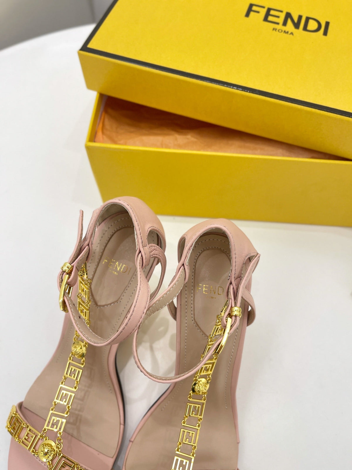 FENDI HIGH-HEELED 85 MM SANDALS IN LIGHT PINK LAMBSKIN WITH GOLD HARDWARE