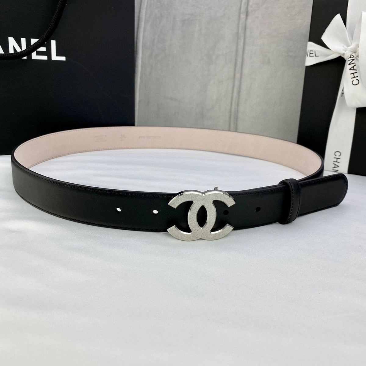 DOUBLE C BELT 30MM IN BLACK CALFSKIN METAL BUCKLE