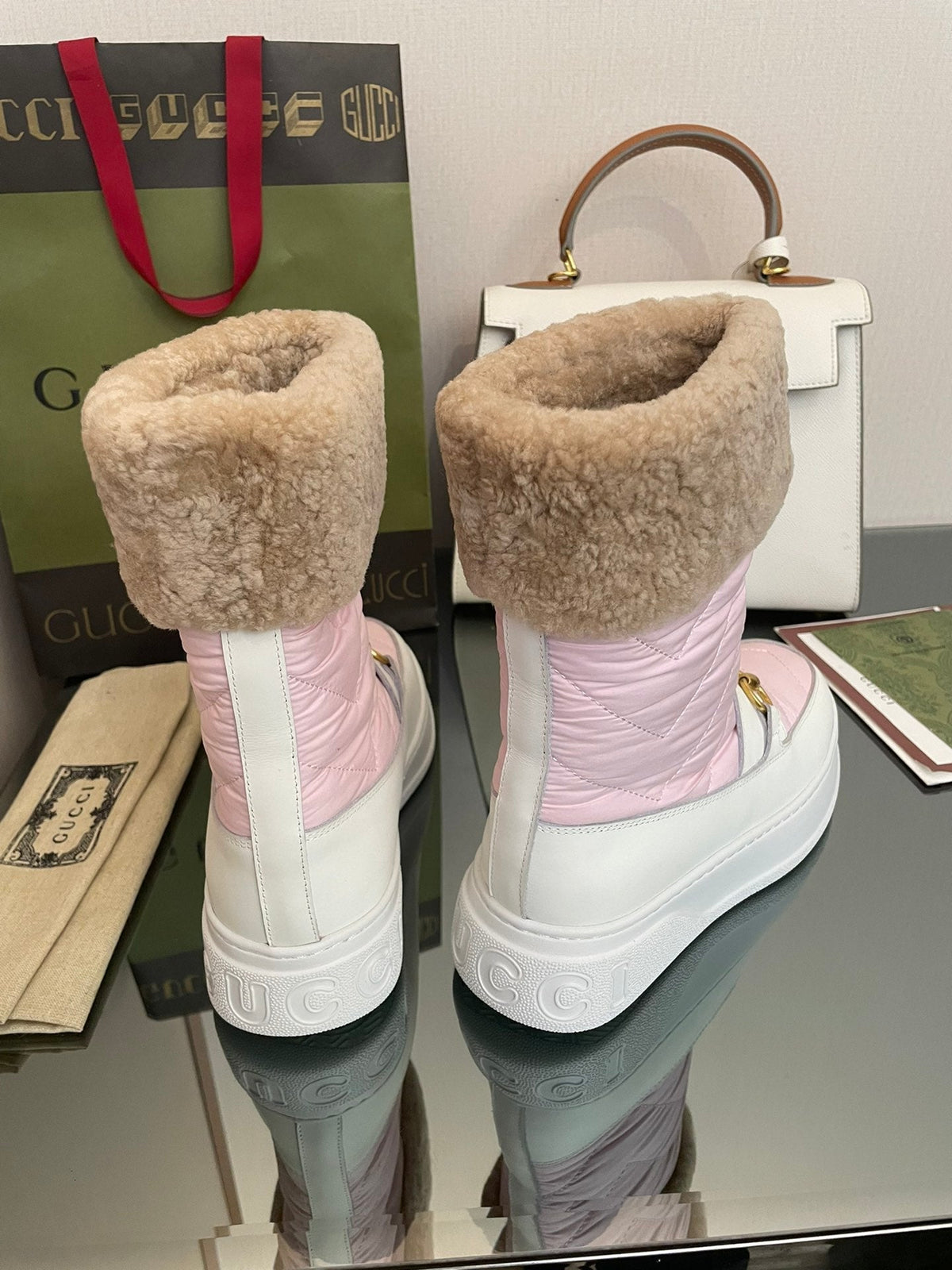 HORSEBIT ANKLE BOOTS WITH MERINO TRIM IN LIGHT PINK NYLON MIX WHITE CALFSKIN