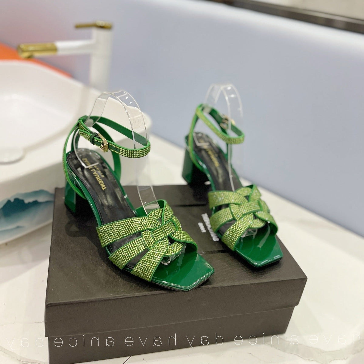 SL TRIBUTE CRYSTAL SANDALS DARK GREEN CALFSKIN