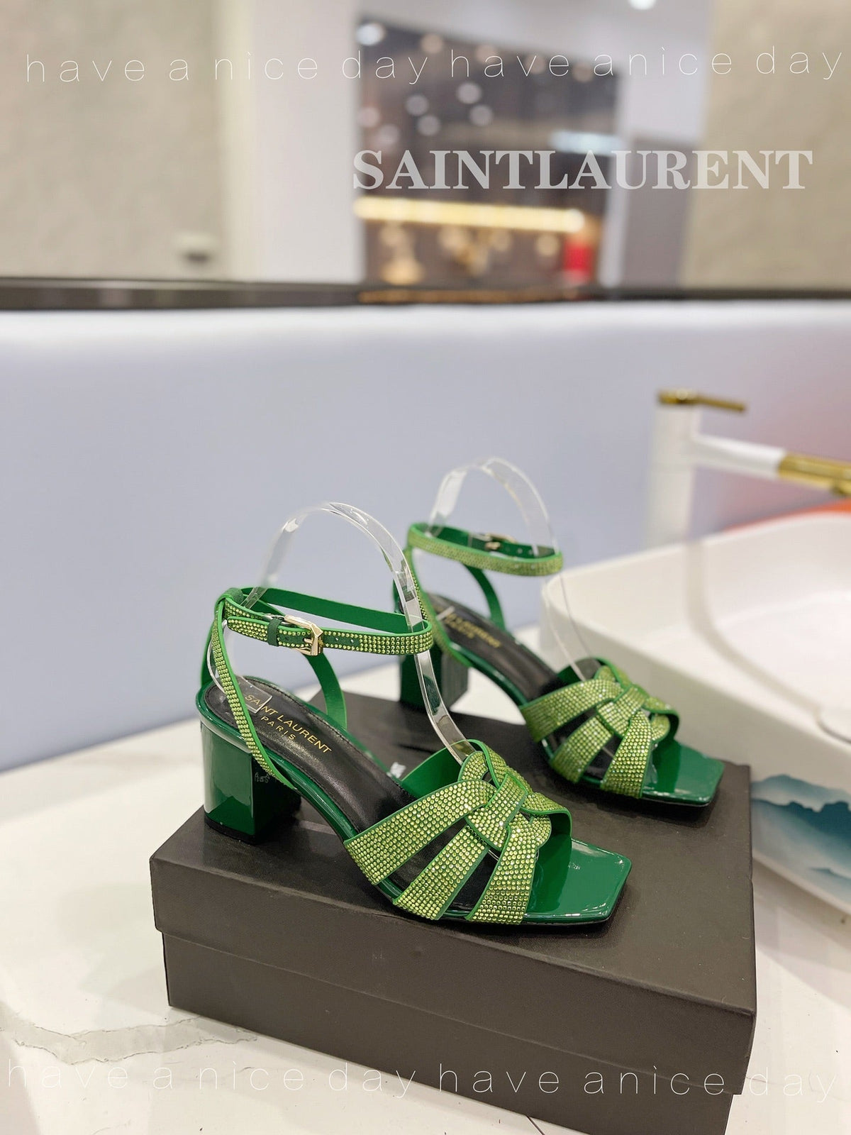 SL TRIBUTE CRYSTAL SANDALS DARK GREEN CALFSKIN