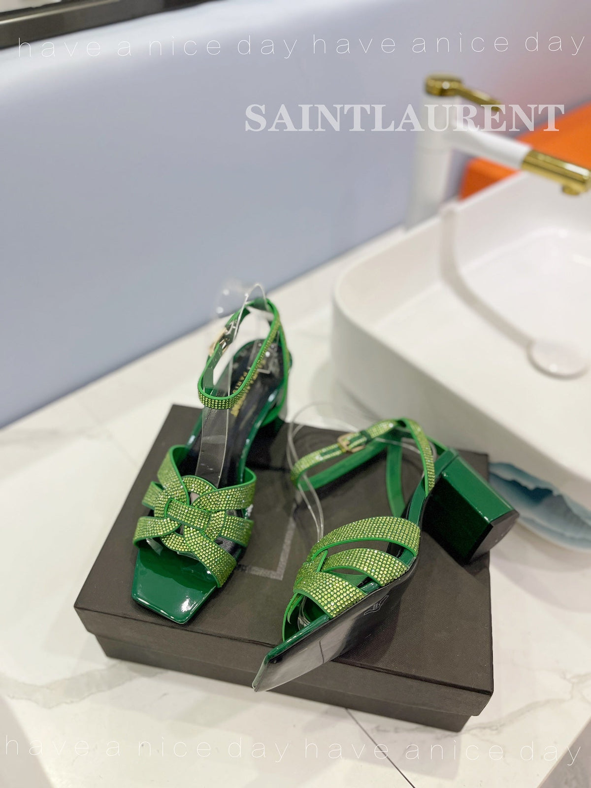 SL TRIBUTE CRYSTAL SANDALS DARK GREEN CALFSKIN