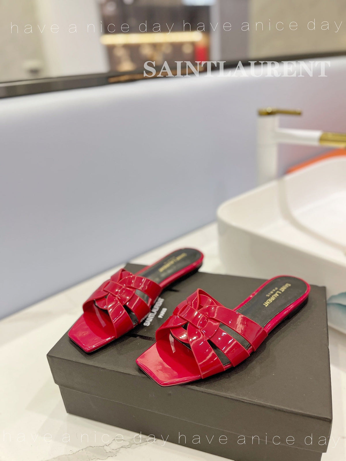 SL TRIBUTE SLIPPERS GLOSSY RED CALFSKIN