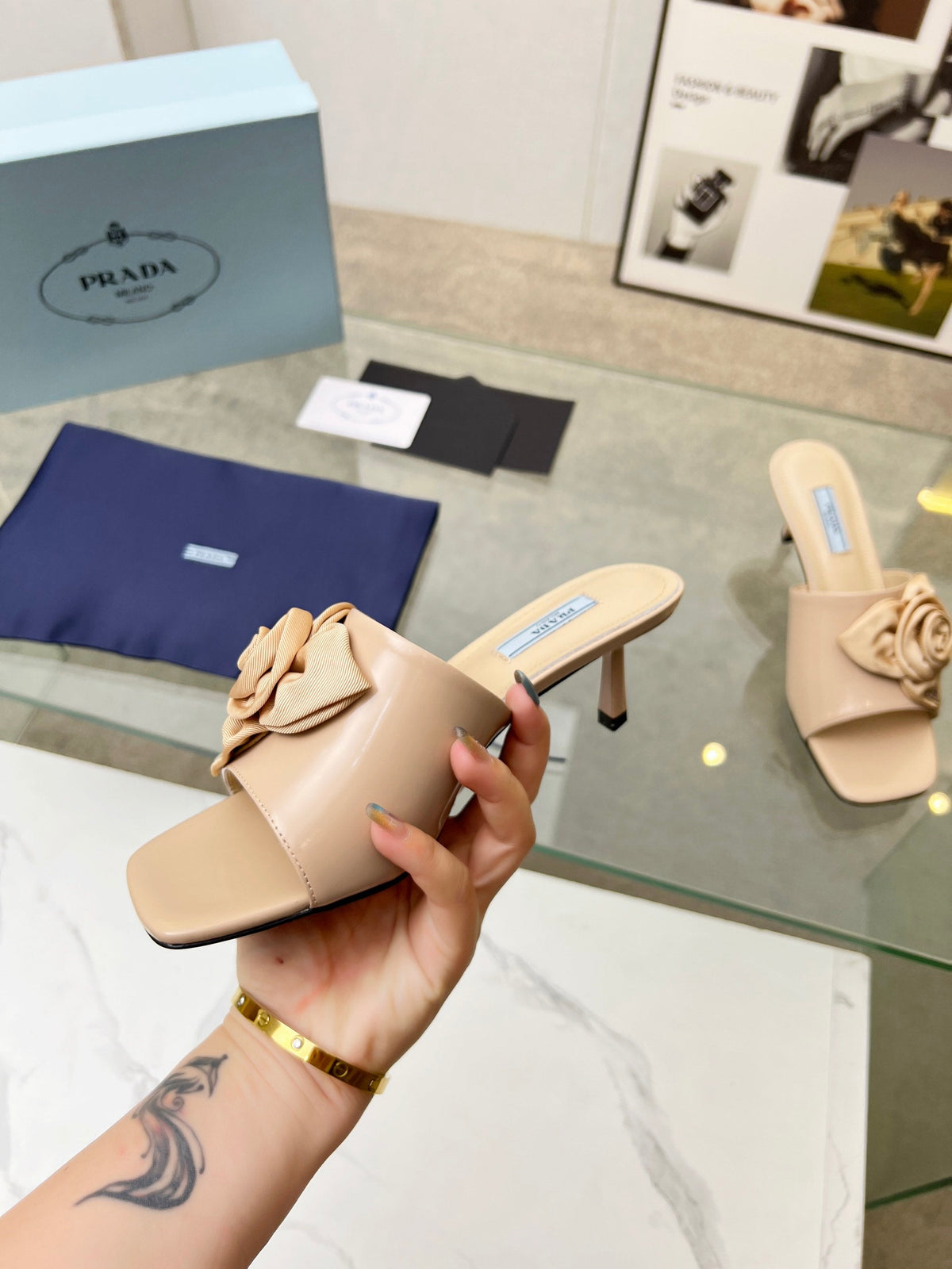 PRA FLOWER POINTED HEELS 55 BEIGE CALFSKIN