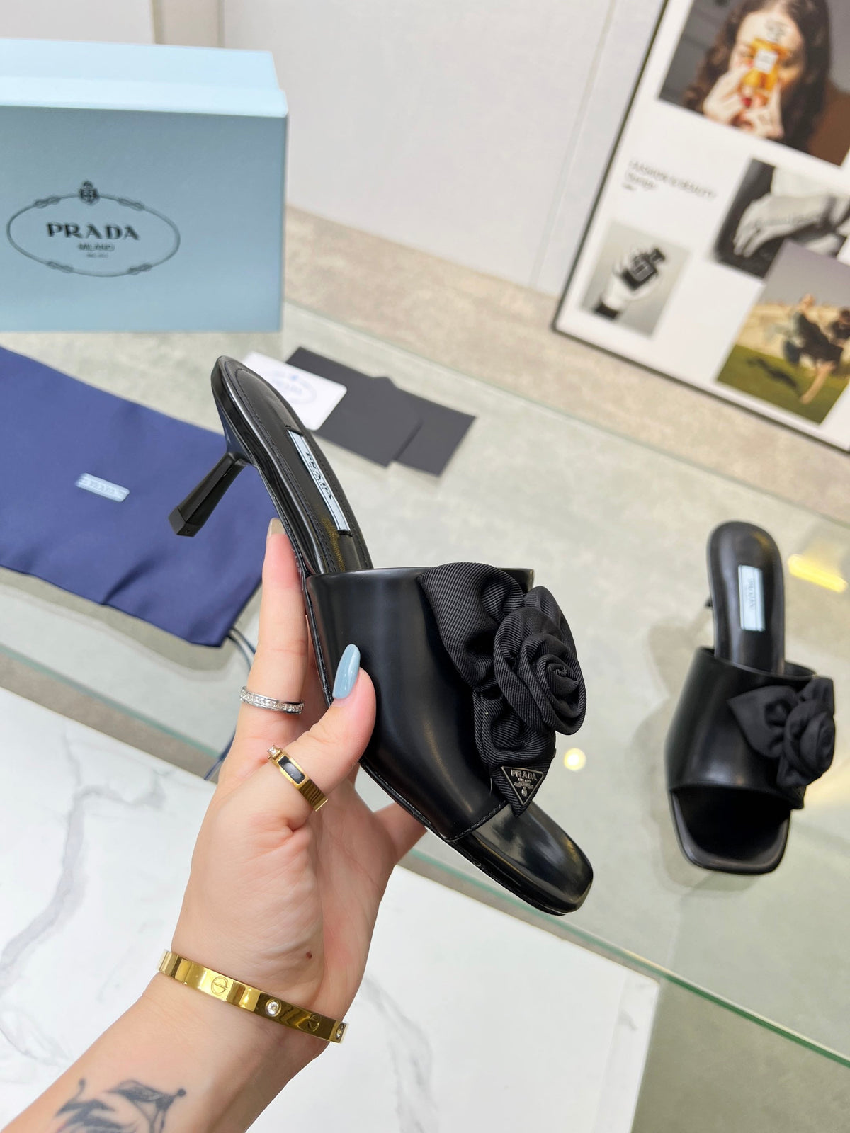 PRA FLOWER POINTED HEELS 55 BLACK CALFSKIN
