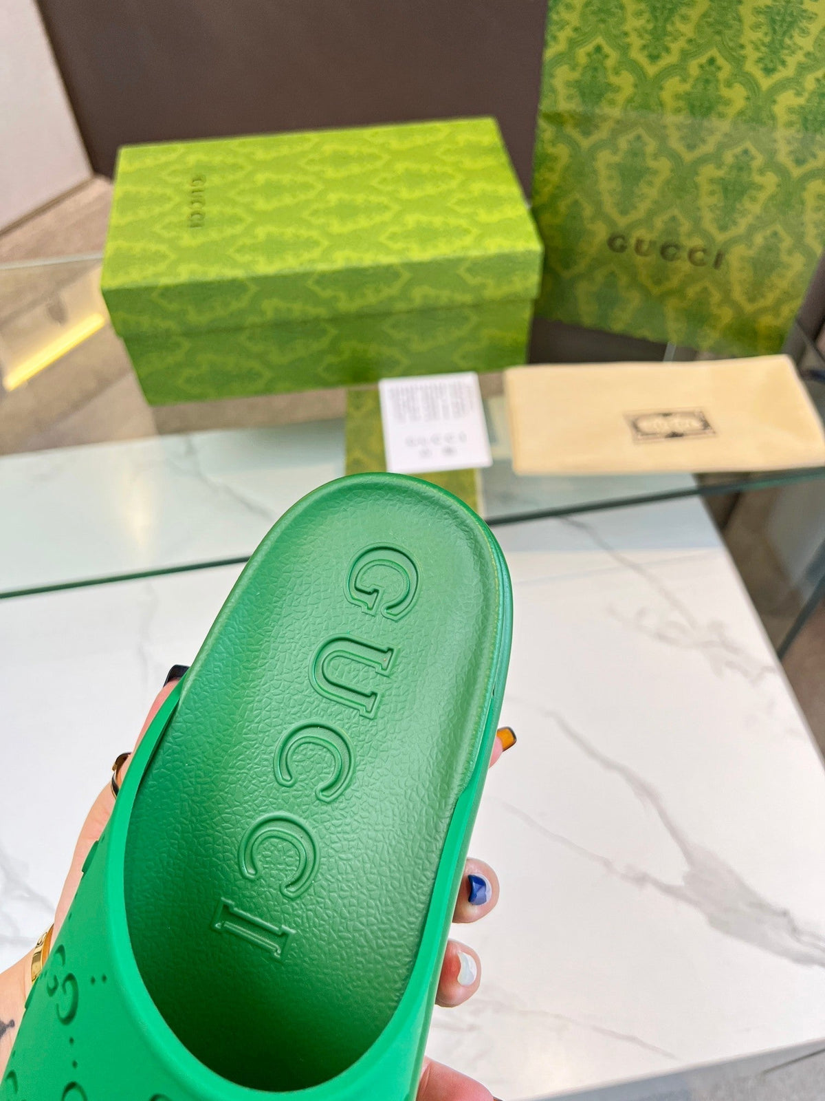 PLATFORM SANDALS IN EMERALD GREEN MONOGRAM IMPORTED TPU
