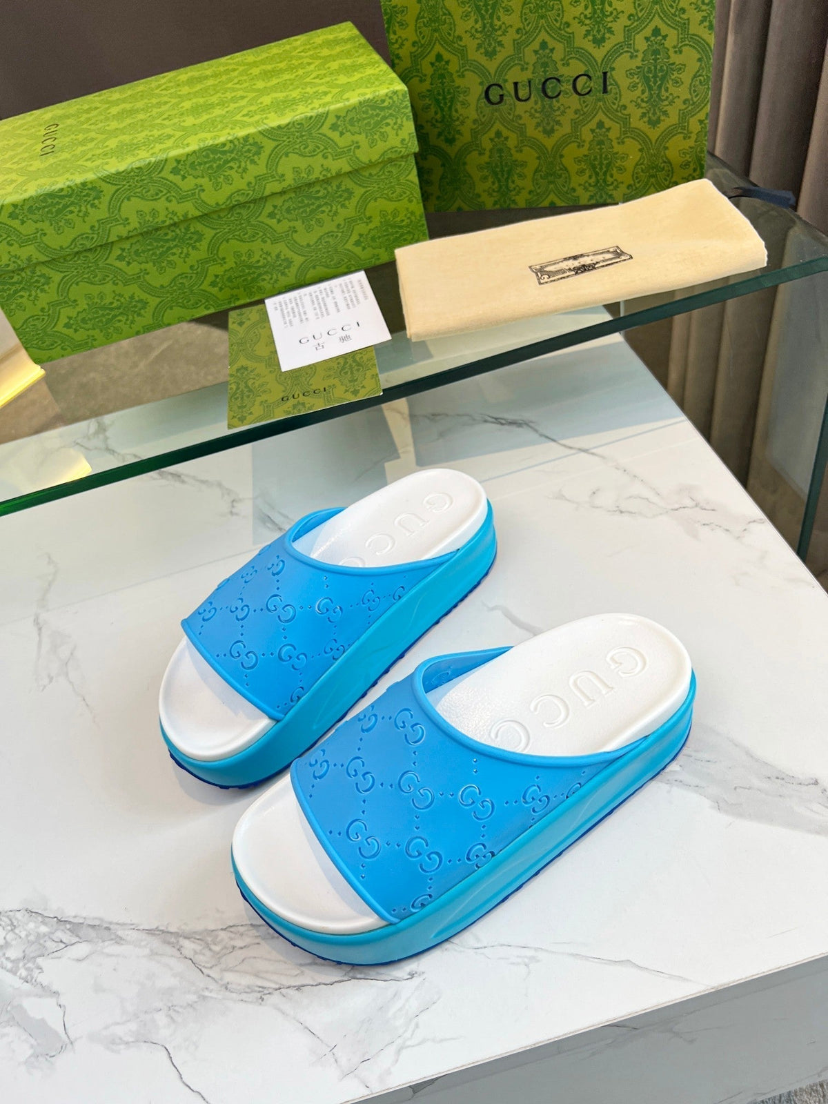 PLATFORM SANDALS IN SKY BLUE MONOGRAM IMPORTED TPU