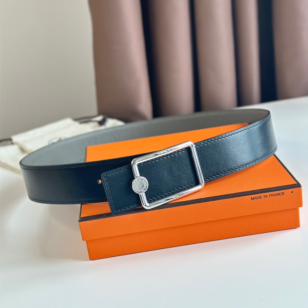 HM OSCAR BELT BUCKLE & REVERSIBLE BLACK AND ASH GREY LEATHER STRAP 38MM SILVER HARDWARE