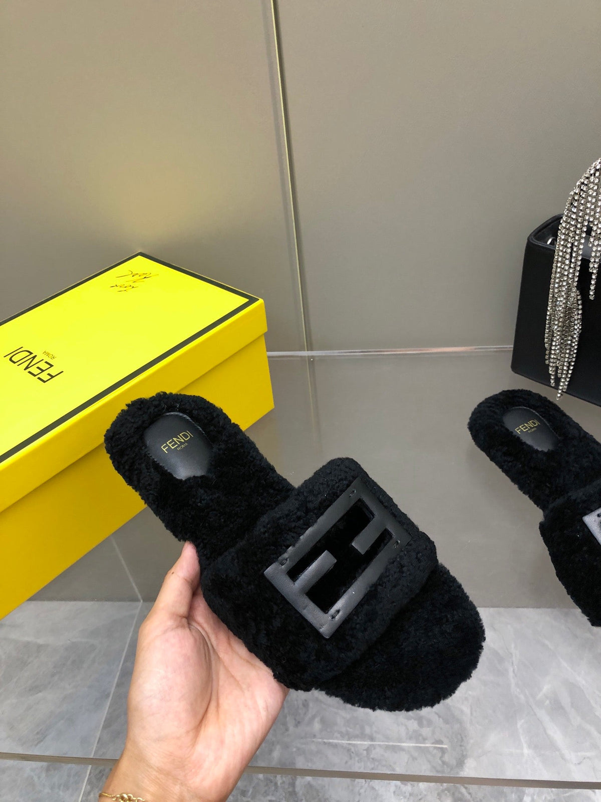 FENDI BAGUETTE SLIDE SLIPPERS IN BLACK WOOL
