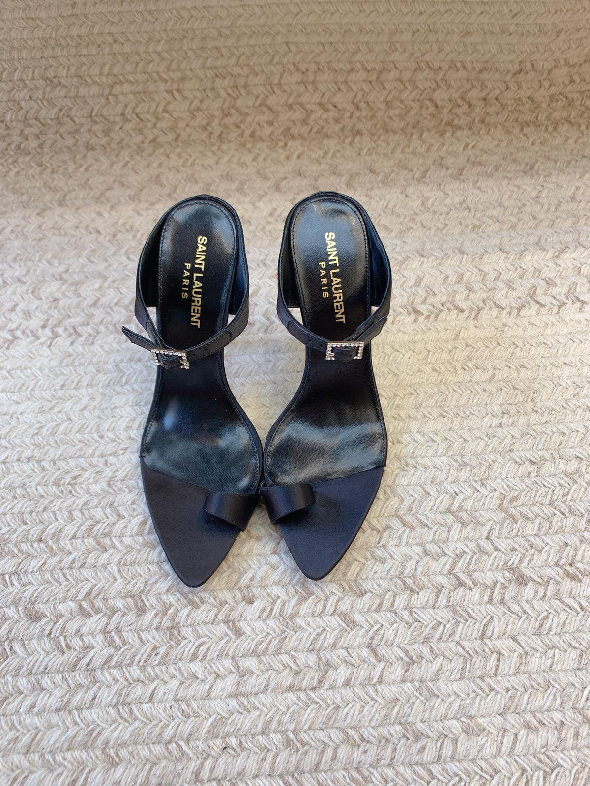 GAP CRYSTAL-BUCKLE SLIDE SANDALS IN BLACK SILK