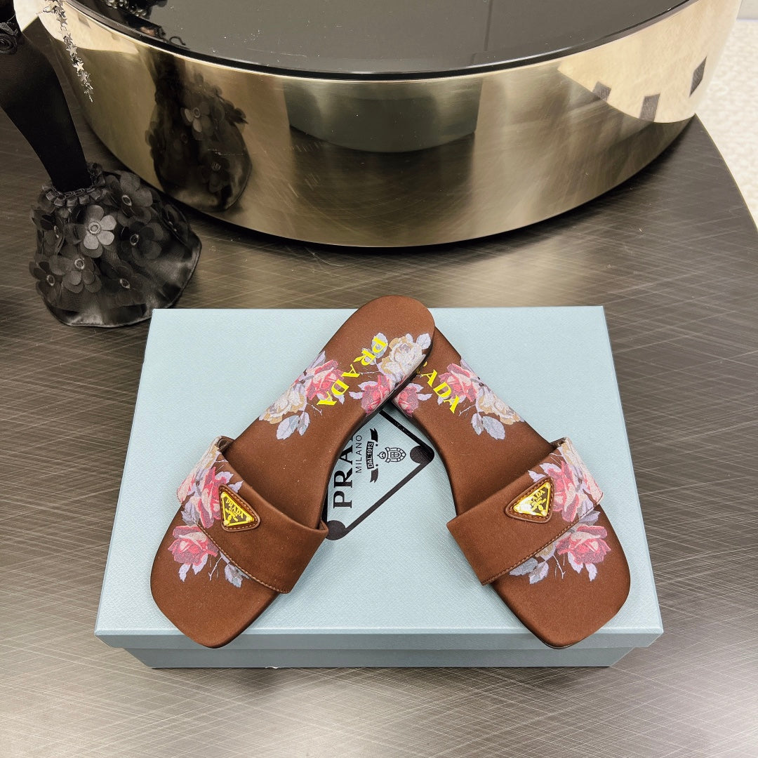 PRA PRINTED SLIDES SLIPPERS CINNAMON SATIN