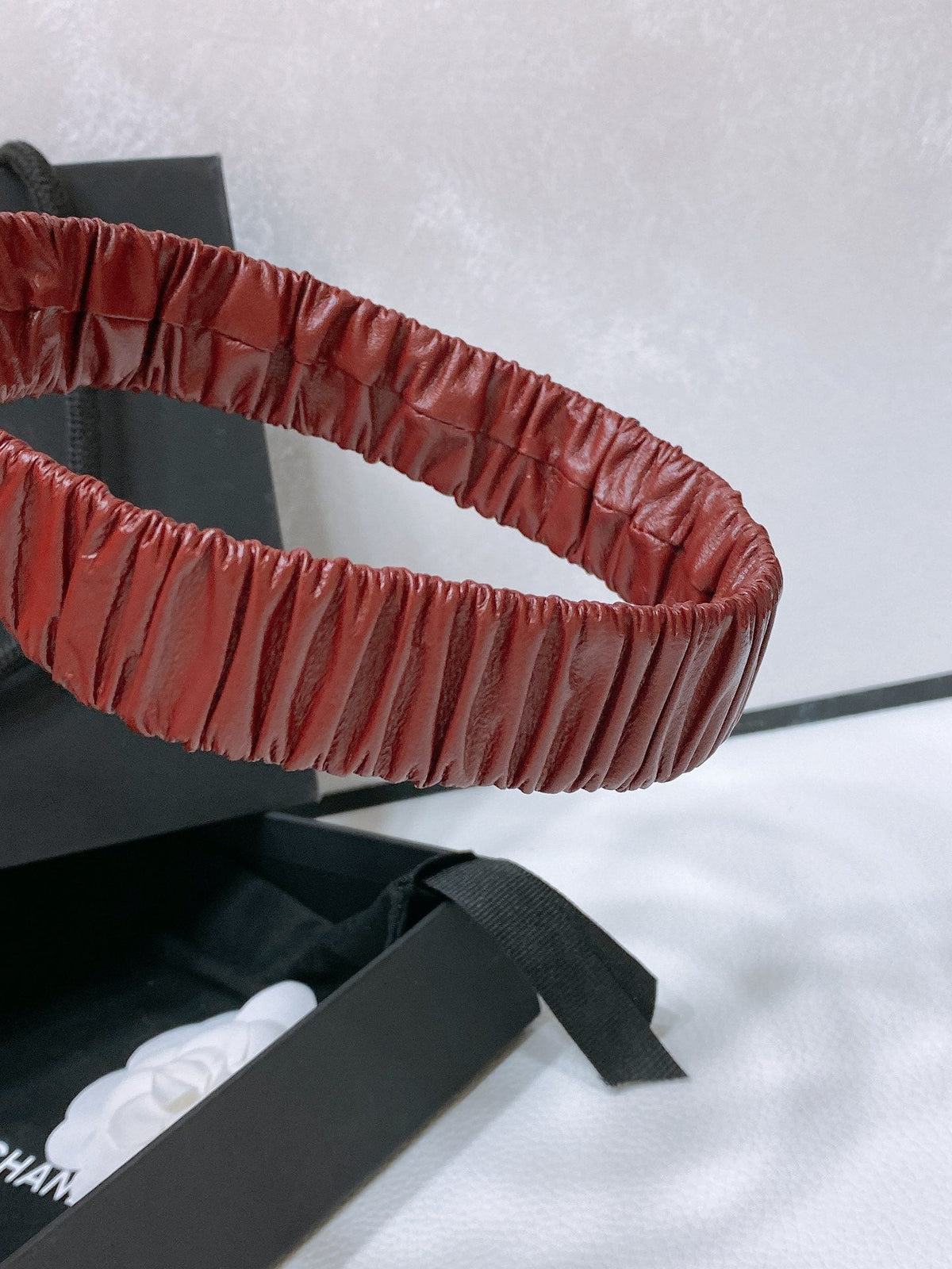 CC ELASTIC BELT 30MM IN WINE RED CALFSKIN GOLD HARDWARE WITH RHINSTONES