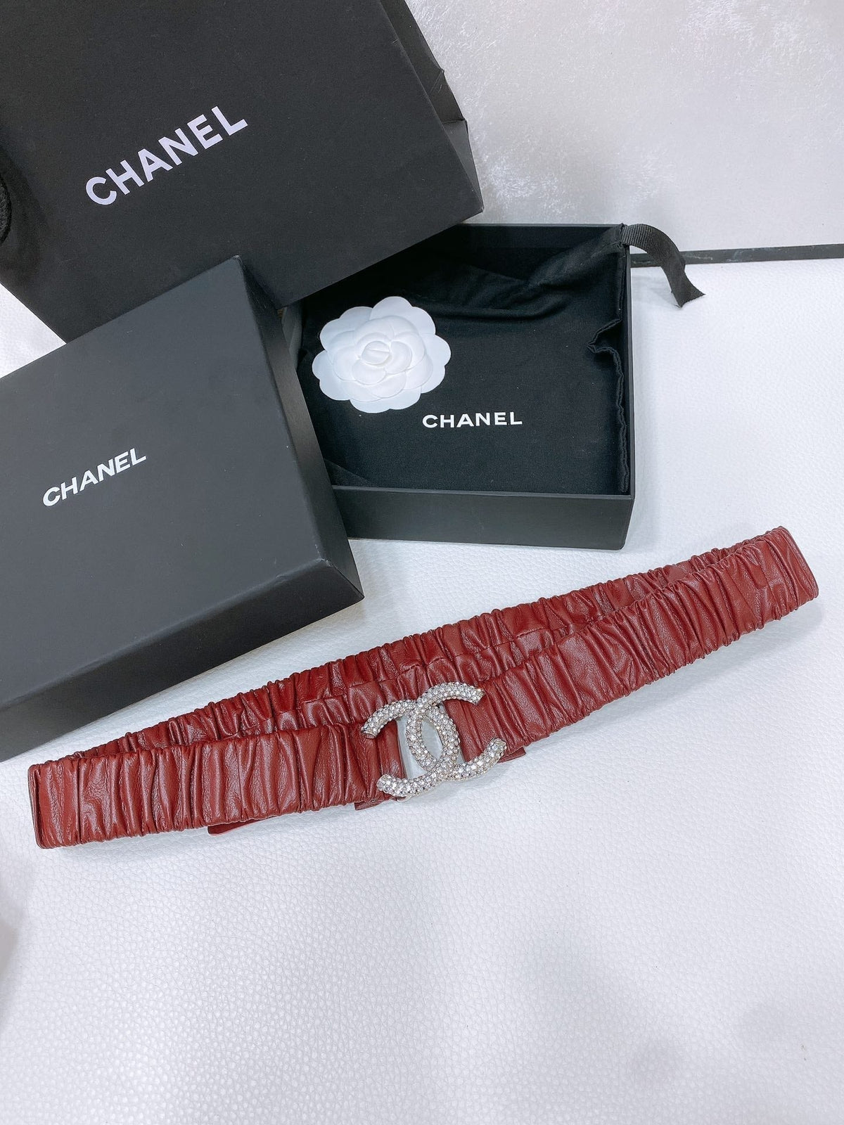 CC ELASTIC BELT 30MM IN WINE RED CALFSKIN SILVER HARDWARE WITH RHINSTONES