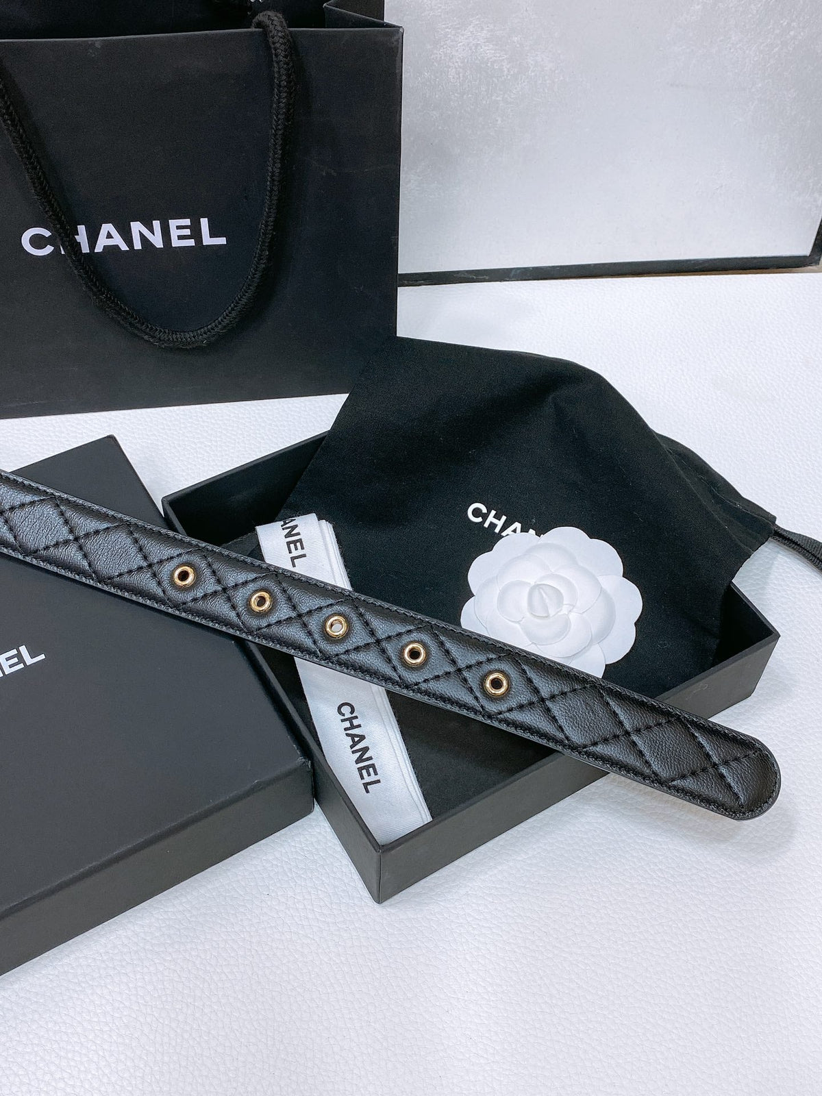 CC BELT 30 MM IN BLACK EMBROIDERED CALFSKIN PEARL LOGO WITH GOLD HARDWARE