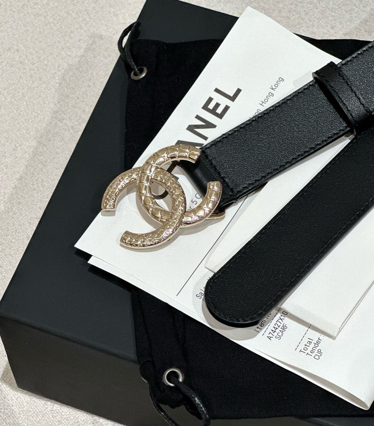 DOUBLE C BELT 30MM IN BLACK CALFSKIN GOLD BUCKLE WITH EMBOSSED CHECK PATTERN