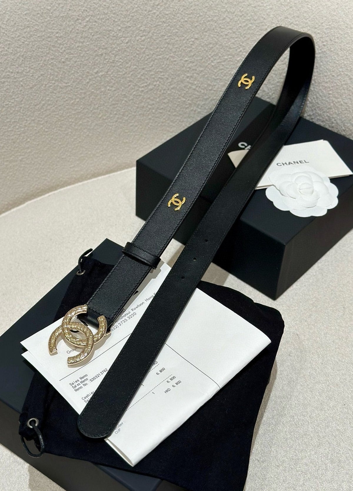 DOUBLE C BELT 30MM IN BLACK CALFSKIN GOLD BUCKLE WITH EMBOSSED CHECK PATTERN