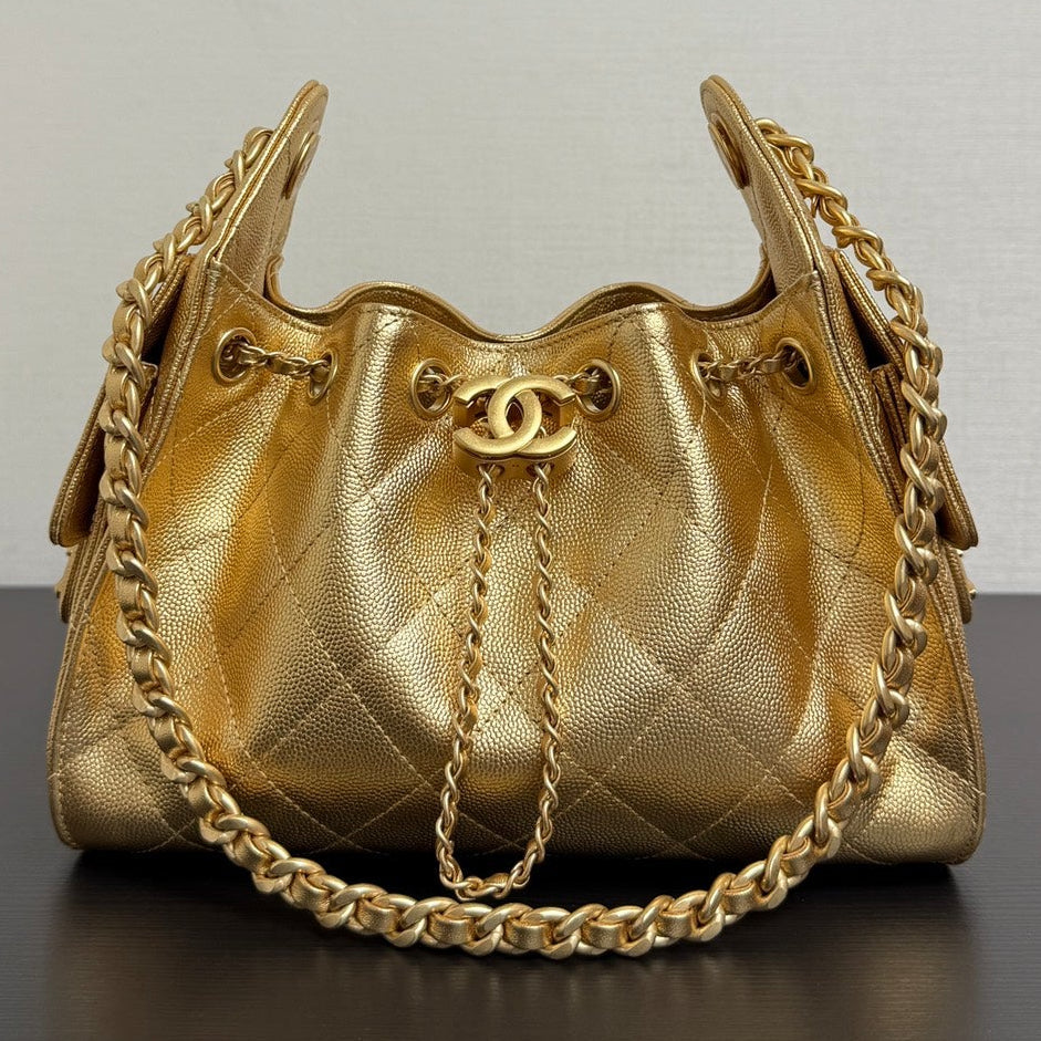Chanel 2026 Hobo Bag 22cm Gold Grained Calfskin