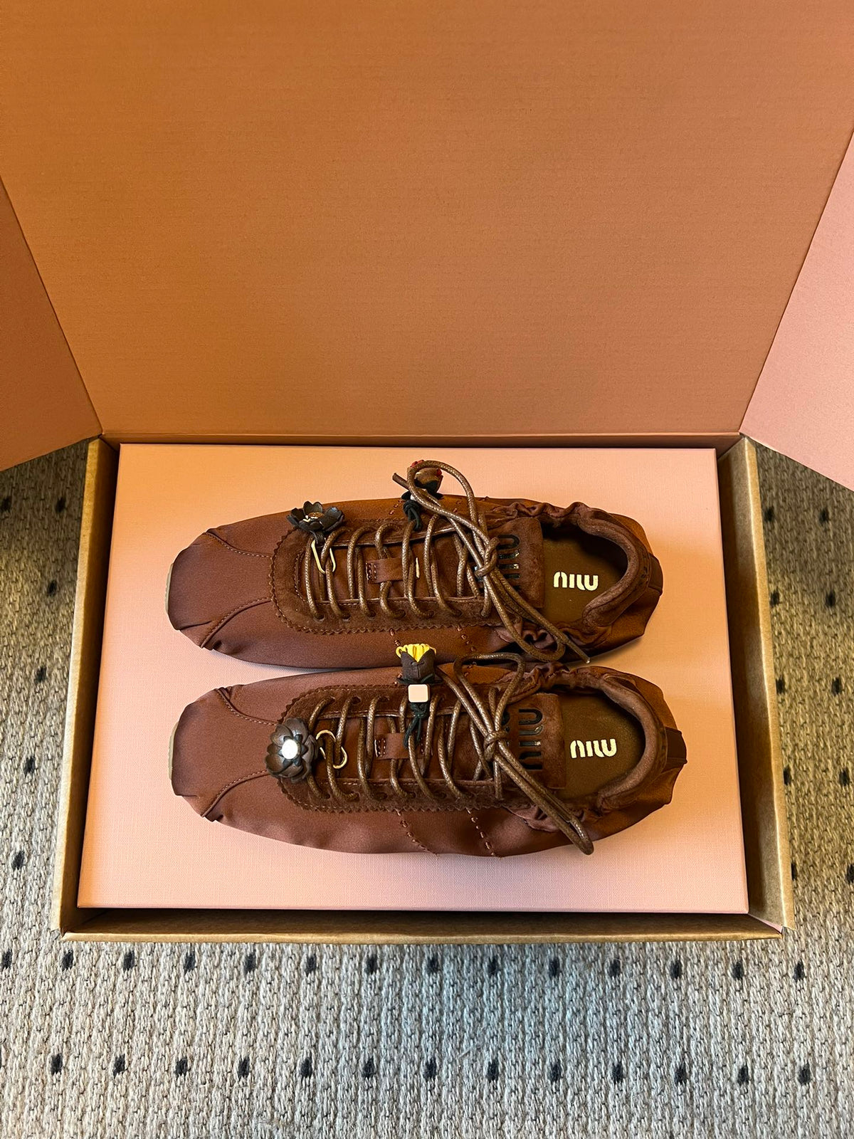 Miu Miu 2026  Plume Sneaker With Floral Charm Dark Brown Satin 621343