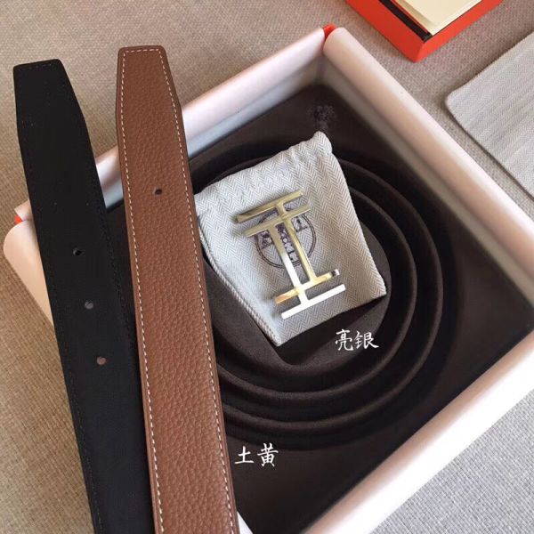 HERM H Au Carre Belt Buckle & Brown 32mm Strap