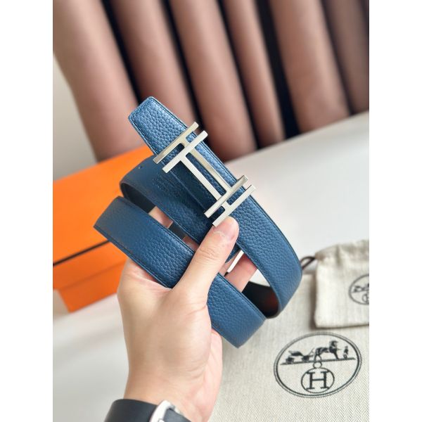 HERM H au Carre Reversible Belt 32MM in Blue Clemence Leather