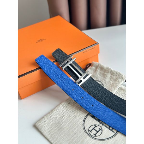 HERM H au Carre Reversible Belt 32MM in Blue and Black Epsom Leather