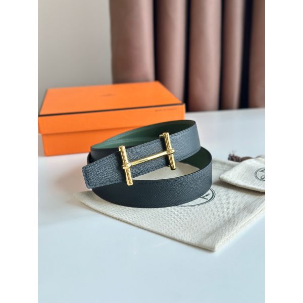 HERM H d'Ancre Reversible Belt 32MM in Black and Green Epsom Calfskin