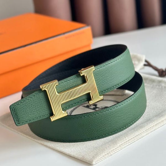 HERM H Striee Reversible Belt 32MM in Green and Black Epsom Calfskin