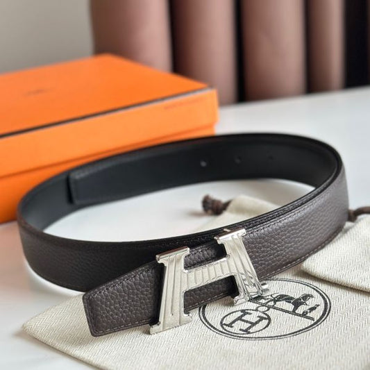 HERM H Take Off Reversible Belt 32MM in Chocolate Clemence Leather