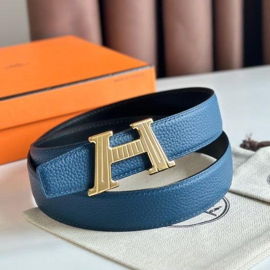 HERM H Take Off Reversible Belt 32MM in Blue Clemence Leather
